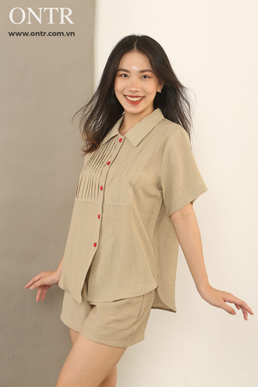 Bộ sơ mi be xếp ly